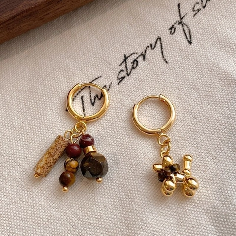 Vintage Asymmetrical Hoop Earrings With Gold Plated Balloon Dog And Tiger Eye Stone Beaded Dangle Elegant Jewelry For Women