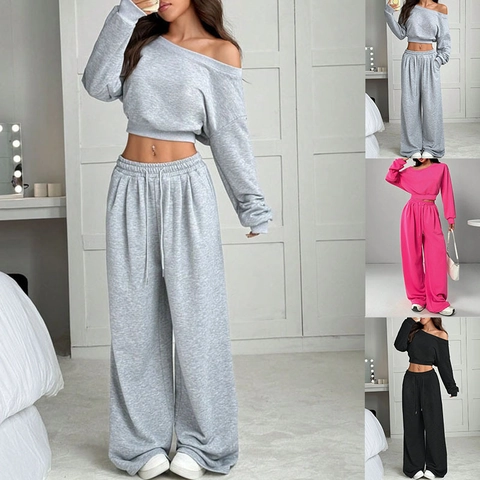 Damen Off Shoulder Langarm Oberteil Und High Waist Weite Hose Einfarbig Polyester Elasthan Strick Outfits Casual
