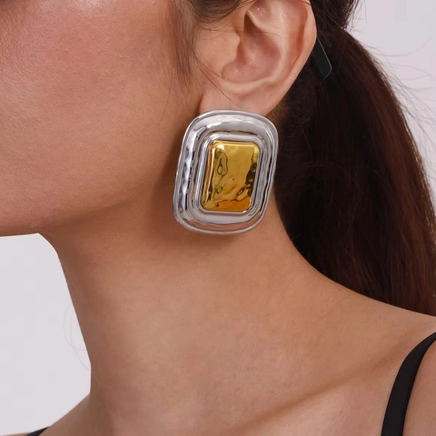 Stainless Steel Earrings Two-Tone Gold Silver Color Geometric Exaggerated Fashion Jewelry For Women Elegant Style