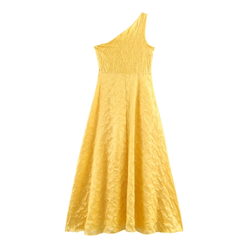 Vestito Maxi Monospalla Asimmetrico Da Donna Volant Vita Alta Giallo Jacquard Texturizzato Senza Maniche Elegante Festa Lungo