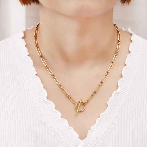 Paperclip Link Necklace Stainless Steel Minimalist Geometric Toggle Clasp Fashion Retro Trendy Jewelry For Women Men