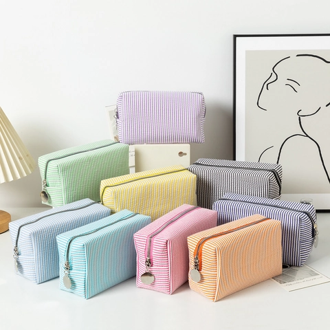 Borsa Per Trucchi In Seersucker A Righe Grande Capacità Beauty Case Viaggio Organizzatore Per Cosmetici Chiusura Lampo Portatile