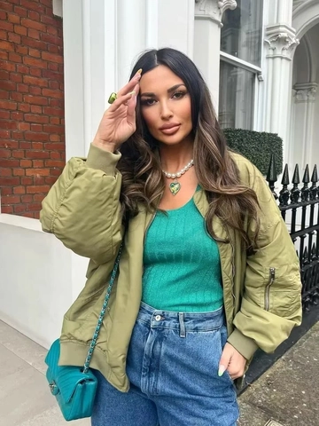 Women Plus Size Bomber Jacket Loose Fit Flight Moto Coat Zip Up Casual Streetwear Ribbed Trim Long Sleeve Outerwear