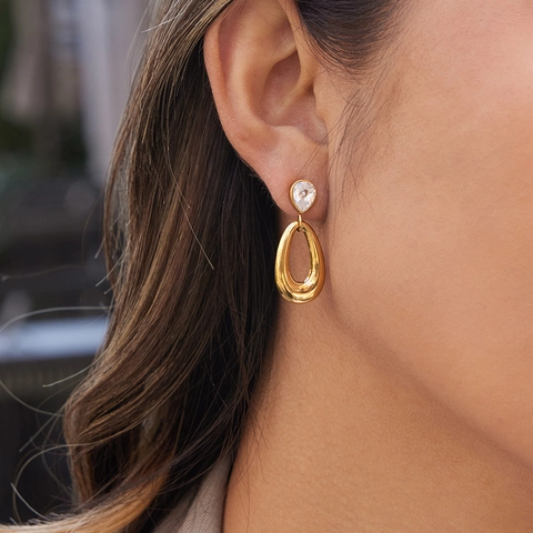 Edelstahl Strass Wassertropfen Hängeohrringe Für Damen Vergoldet Hohl Oval Geometrisch Tropfen Ohrringe Schmuck