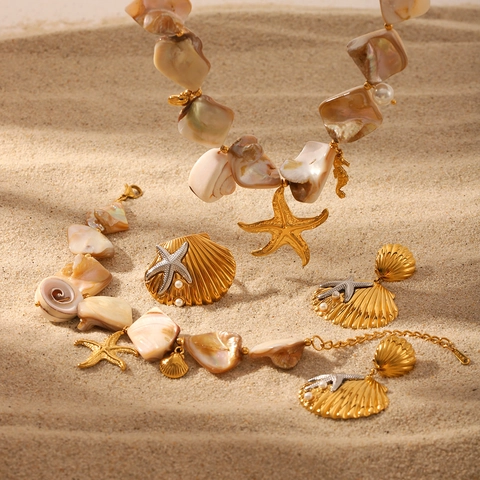 Bijoux Coquillage Étoile De Mer Océan Acier Inoxydable Künstliche Perle Collier Bracelet Boucles D'oreilles Bague Femmes Plage Boho
