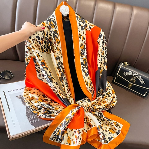 Écharpe Femme Surdimensionnée En Satin Artificielle Imprimé Léopard Color Block Châle Protection Solaire Plage Mode