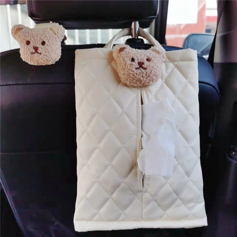 Auto Sitzlehne Taschentuchbox Abdeckung PU Leder Hängender Papierhalter Mit Plüschbär Dekoration