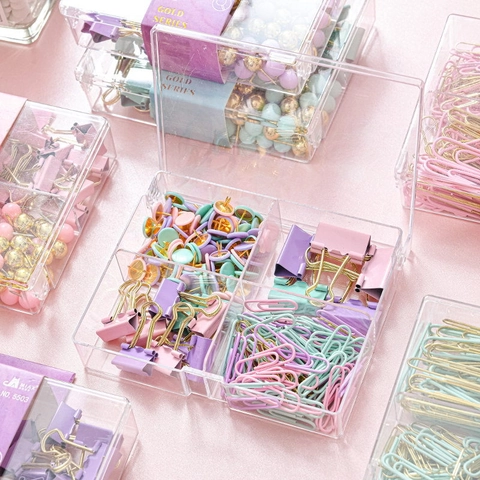 Stationery Organizer Box With Macaron Paper Clips Binder Clips And Push Pins For Desktop Office School Supplies Gold Metal