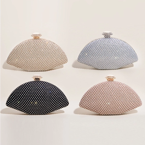 Rhinestone Mesh Abendtasche Clutch Für Damen Muschelform Handtasche Mit Metallgriff Künstliche Perlenverschluss Und Abnehmbarer Kette