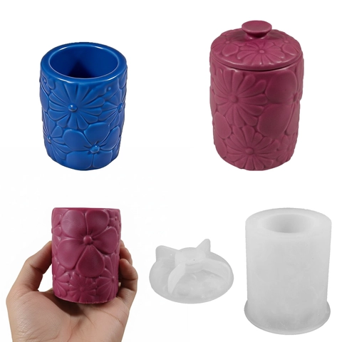 Relief Flower Storage Jar Silicone Mold Embossed Cylinder Container And Lid For DIY Resin Casting Candle Making Plaster Craft