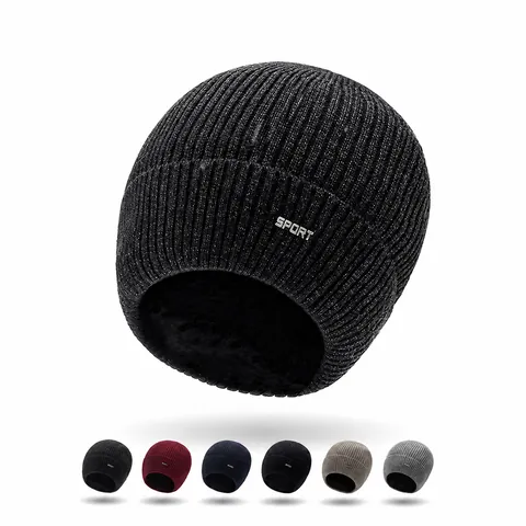 Unisex Winter Warm Dick Rippstrick Beanie Mütze Mit Fleecefutter Sport Buchstabe Metallemblem Outdoor Radfahren Ohrenschutz Kappe