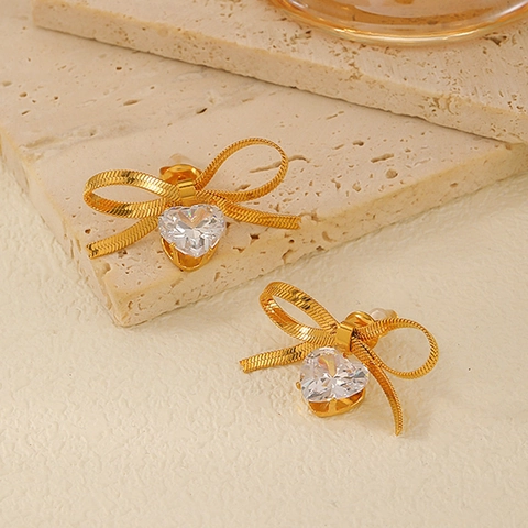 Bowknot Herz Hängeohrringe Edelstahl 18K Vergoldet Zirkonia High End Sommer Schmuck Für Damen