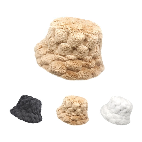 Women Faux Fur Bucket Hat Thick Warm Winter Checkerboard Texture Plush Fisherman Cap Solid Color