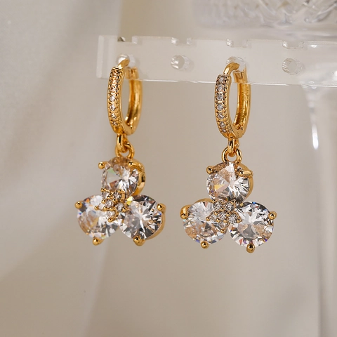 Orecchini Pendenti A Fiore Rame Placcato Oro Vero Zirconia Cubica Scintillante Gioielli Di Moda Temperamento Per Donne