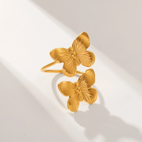 Double Butterfly Open Ring Stainless Steel Gold Plated Adjustable Brushed Textured Matte Minimalist Jewelry For Women