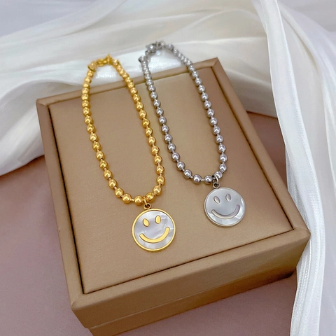 Edelstahl Kugelkette Armband Mit Rundem Perlmutt Smiley Anhänger Retro Süßer Schmuck Geschenk Für Damen