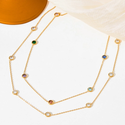 Collier Élégant Avec Zircon Rond Acier Inoxydable Bijoux Pierre Précieuse Colorée Pour Femmes Filles Style Minimaliste