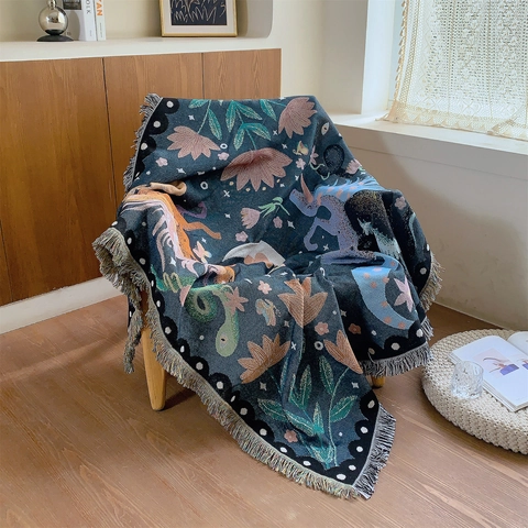Bohemian Unicorn Woven Throw Blanket Polyester Cotton Jacquard With Tassels For Sofa Couch Picnic Camping Outdoor Tapestry