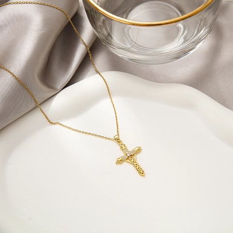 Hollow Cross Sword Pendant Necklace Gold Plated Stainless Steel With Zircon Inlaid Trendy Hip Hop Jewelry Unisex