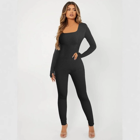 Women Square Neck Long Sleeve Ribbed Knit Jumpsuit Slim Fit Butt Lifting Yoga Fitness Sexy Solid Color Unitard Romper