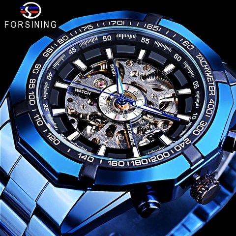 Automatic Mechanical Watch Men Skeleton Dial Alloy Case Metal Strap Sport Fashion Transparent Back Tachymeter Bezel