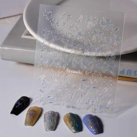 Feuerwerk 3D Nagelkunst Aufkleber Holografisch Laser Goldfolie Relief Selbstklebend Wasserdicht DIY Dekoration Damen