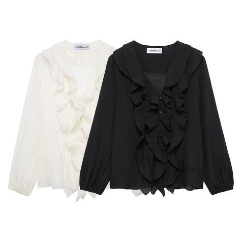 Women Chiffon Blouse Elegant V Neck Ruffle Trim Long Lantern Sleeves Solid Color Sweet Vintage Fashion Top Office Lady