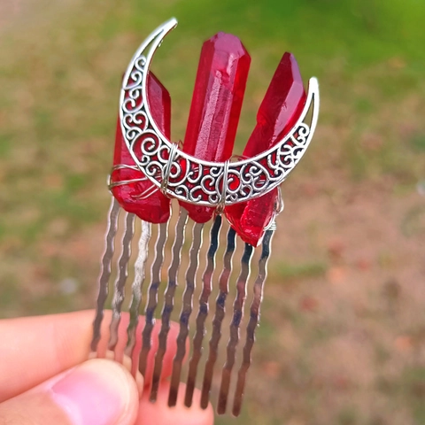 Pettine Per Capelli In Cristallo Naturale Con Ornamento Luna In Lega Copricapo A Corona Fatto A Mano Per Sposa Matrimonio Bohemien Vintage Party