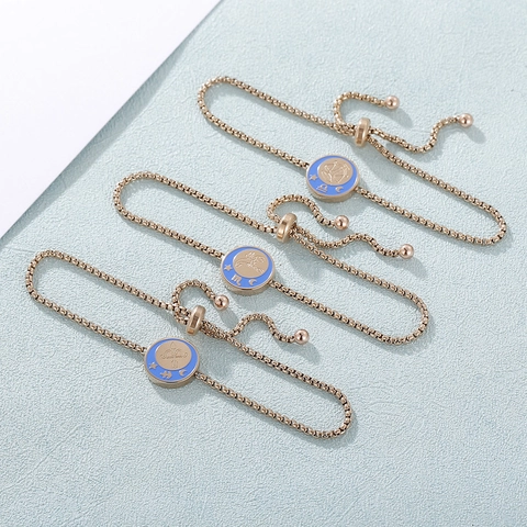 Sternzeichen Bolo Armband Für Damen Edelstahl Roségold Vergoldet Blau Emaille Verstellbar Schieber Box Kette Schmuck