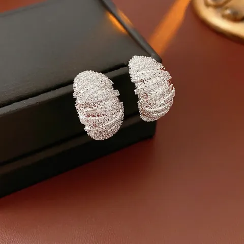 Vintage Spiral Texture Pave Zircon Oval Stud Earrings For Women Copper With Silver Earring Post Jewelry Gift