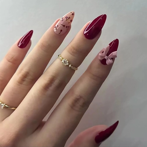 Press On Nagels Lange Amandel Donkerrood Roze Gradiënt Kersenpatroon 3D Boog Kunstnagels Elegant Voor Vrouwen