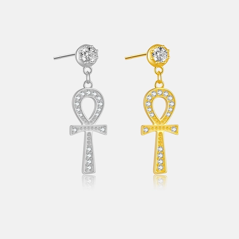 S925 Sterling Silver Ankh Cross Stud Earrings Iced Out Rhinestone Egyptian Key Of Life Dangle Earrings Fashion Jewelry Unisex