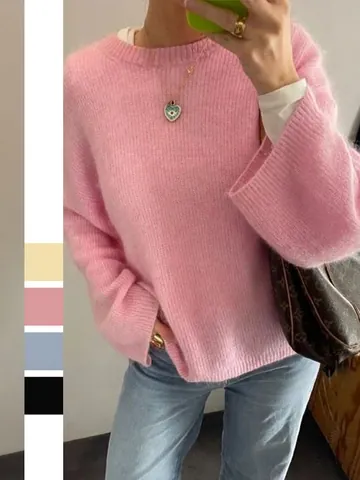 Maglione Pullover Donna Spalle Scoperte Maglia Larga Tinta Unita Maniche Lunghe Misto Acrilico Nylon Lana Top Casual
