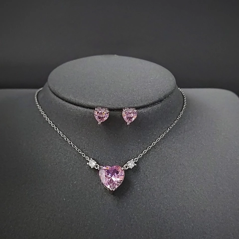 Hartvorm Ketting En Oorbellen Koper Verzilverd Roze Wit Zirkoon Elegant Romantisch Minimalistisch Sieraden Voor Vrouwen
