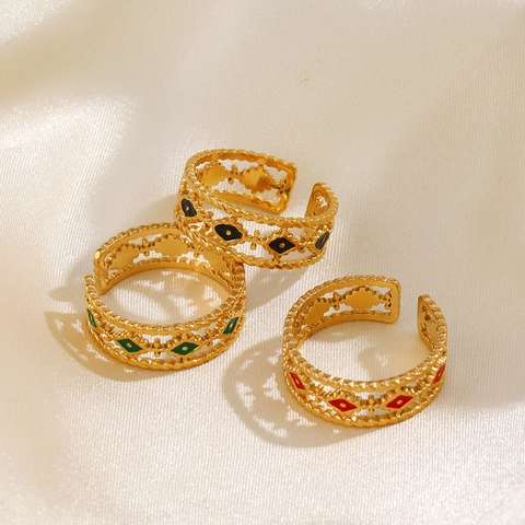 Anello Regolabile Malocchio Acciaio Inossidabile Placcato Oro Smalto Rombo Incavo Boho Gioielli Vintage Per Donne