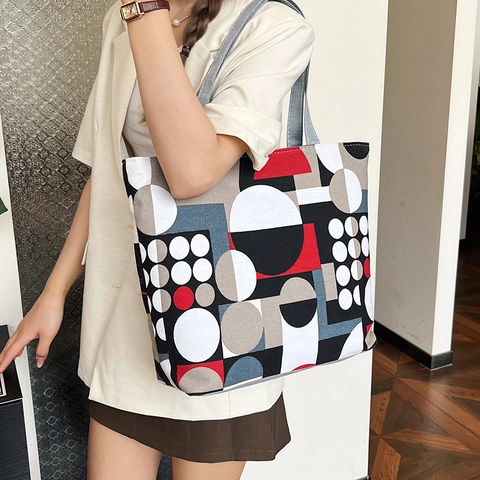 Grand Sac Fourre-tout En Toile Pour Femmes Imprimé Floral Géométrique Sac À Épaule Avec Fermeture Éclair Décontracté