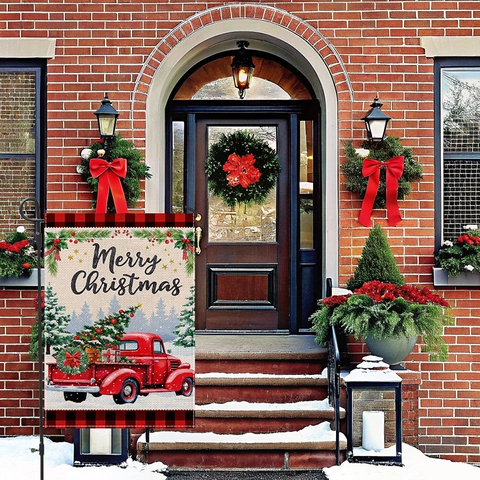 Christmas Garden Flag Double Sided Imitation Linen Polyester Outdoor Yard Decoration Winter Snowman Gnome Truck