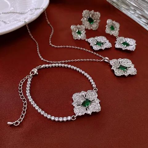 Emerald Green Zircon Flower Copper Necklace And Bracelet And Ring Retro Luxury Geometric Jewelry For Women