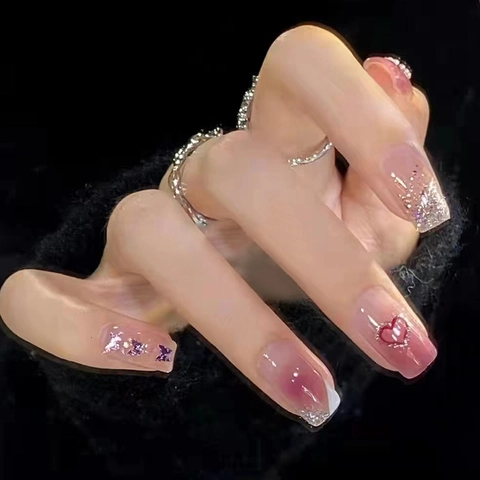 Press On Nägel Farbverlauf Blush Herzmuster Schmetterling Glitzer Falsche Nägel Mit Kleber Süßer Stil Für Damen
