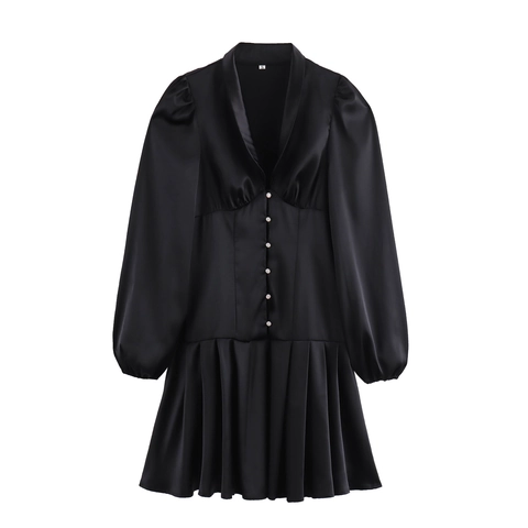 Satin V-Neck Mini Dress Long Sleeve High Waist Pleated Button Down Solid Black Elegant Party For Women