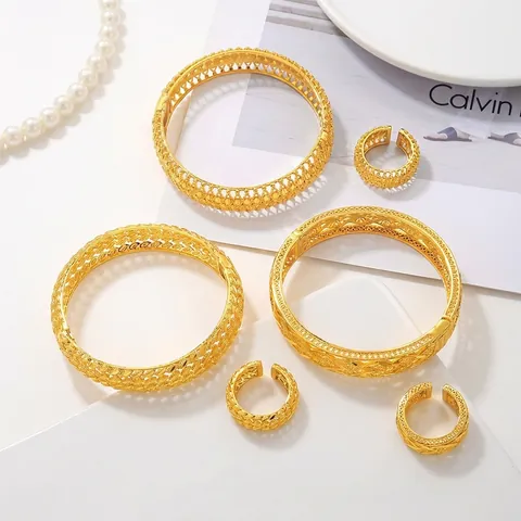 Hollow Out Bangle And Ring Jewelry Set Gold Plated Copper Carved Geometric Ethnic Dubai Luxury Style Retro For Women