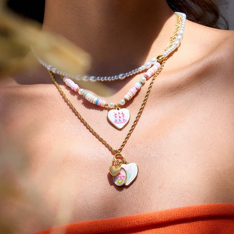 Collar De Capas De Acero Inoxidable Con Perlas Artificiales De Imitación Cuentas De Colores Colgantes De Corazón Flor Concha Para Mujer