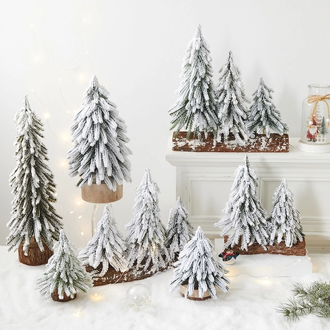 Mini Künstlicher Weihnachtsbaum Schneebedeckt PE Kiefernnadeln Mit Holzsockel Desktop Feiertagsdekoration Winter Frostig