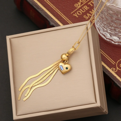 Collier Pendentif Cœur Mauvais Œil Gland En Acier Inoxydable Plaqué Or Émail Bijoux Femme