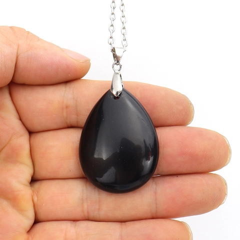 Natural Crystal Stone Teardrop Pendant Necklace Healing Amethyst Tiger Eye Bohemian Style Jewelry Women