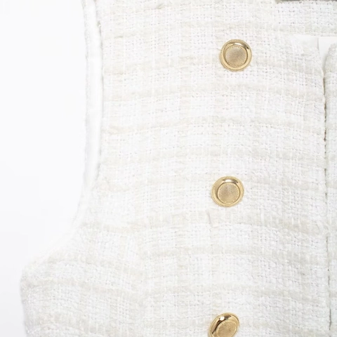 Damen Tweed Weste Doppelreihig Goldene Knöpfe Ärmellos Elegant Vintage Oberteil