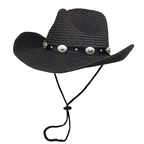 Western Cowboy Straw Hat Sun Protection Wide Brim Beach Travel Summer Outdoor With Adjustable Wind Rope And Metal Buckles