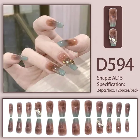 Ongles À Presser Forme Cercueil Longue Dégradé Français Texture Marbre Avec Strass Élégants Faux Ongles
