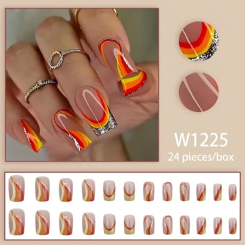 Press On Nails Long Square Ballerina False Nails Wave Swirl Pattern Glitter Yellow Orange Red Glossy For Women