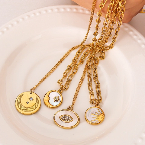 Stainless Steel 18K Gold Plated Necklace Mother Of Artificial Pearl Sun Moon Star Evil Eye Pendant Boho Jewelry For Women